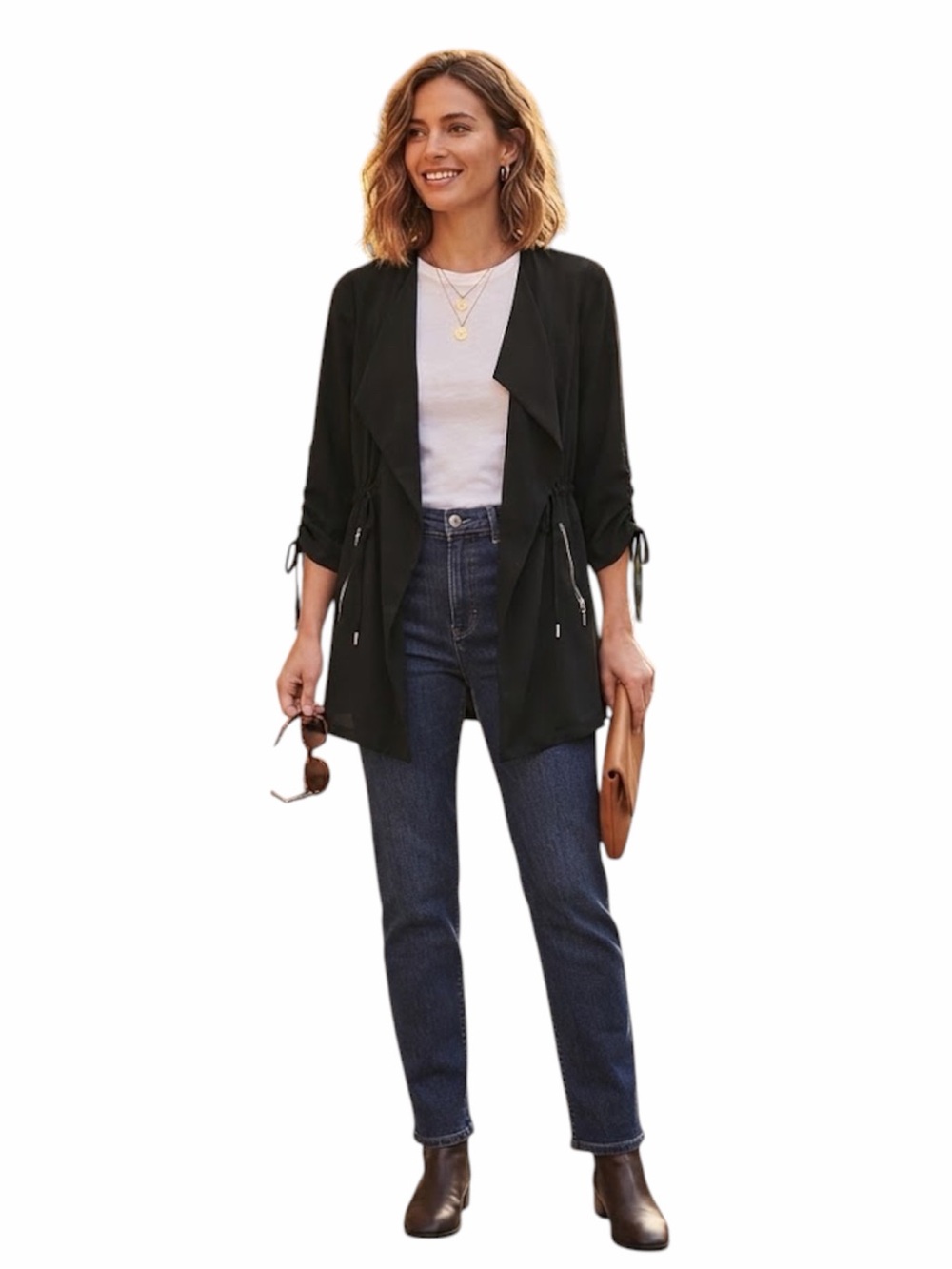 SUZY SHIER Black Open Front Draped Waterfall Blazer Jacket Whimsigoth Y2K S - Picture 2 of 9